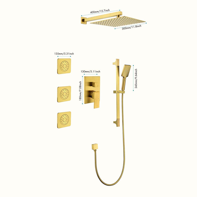 Complete Shower System with Rough in-Valve, Brushed Gold