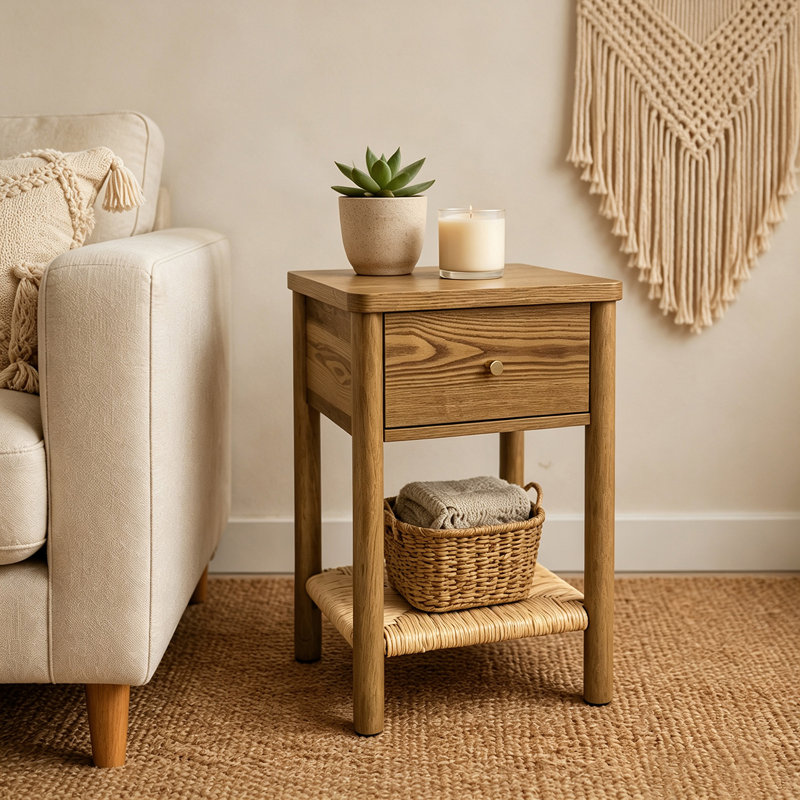 Table de chevet en bois massif avec tiroir et tablette en jute tissée Ainsley, Walnut Brown