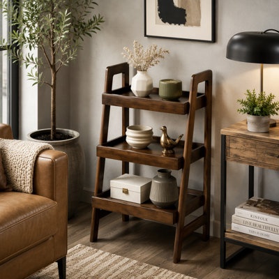 Étagère échelle 100% bois massif, bibliothèque autoportante à 3 niveaux avec rangement ouvert, table d'appoint peu encombrante pour le salon et le bureau personnel, finition noyer