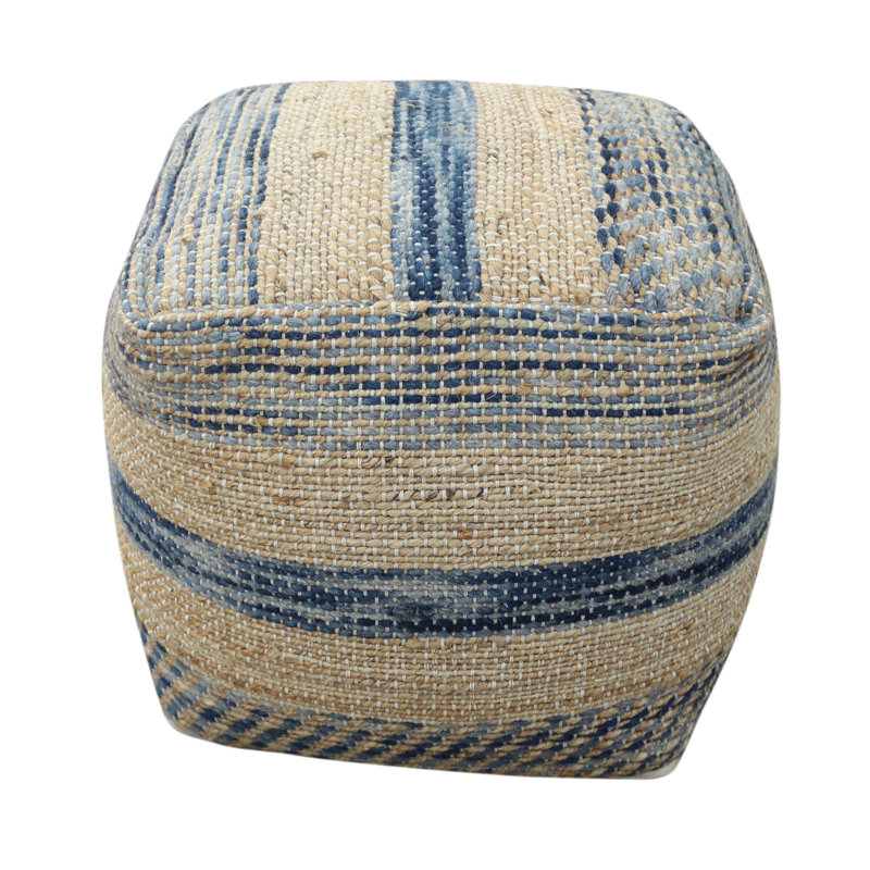 Bartow Upholstered Pouf, Natural/Blue Polyester Blend