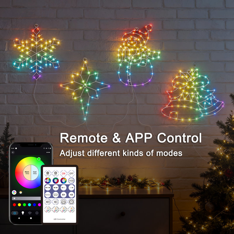 Ensemble de 4 motifs de Noël avec télécommande, synchro de musique et minuterie, décoration de Noël à brancher pour l'intérieur