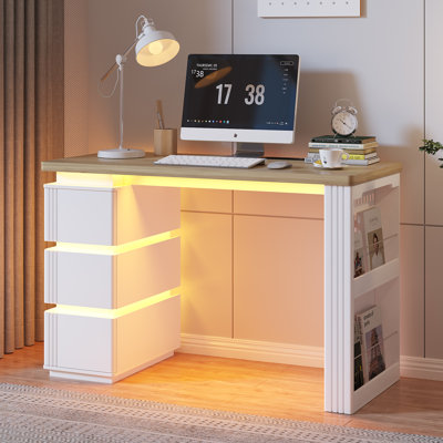 47.24" W Modern Computer Desk With LED Lights & Power Outlets, Home Office Study Desk With 3 Storage Drawers