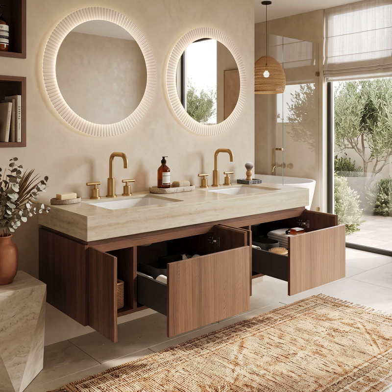 Meuble-lavabo mural moderne 60 po avec comptoir en pierre frittée Roma et éviers en céramique, armoire de rangement en contreplaqué avec 2 tiroirs et 2 portes (grain de bois de chêne brun)