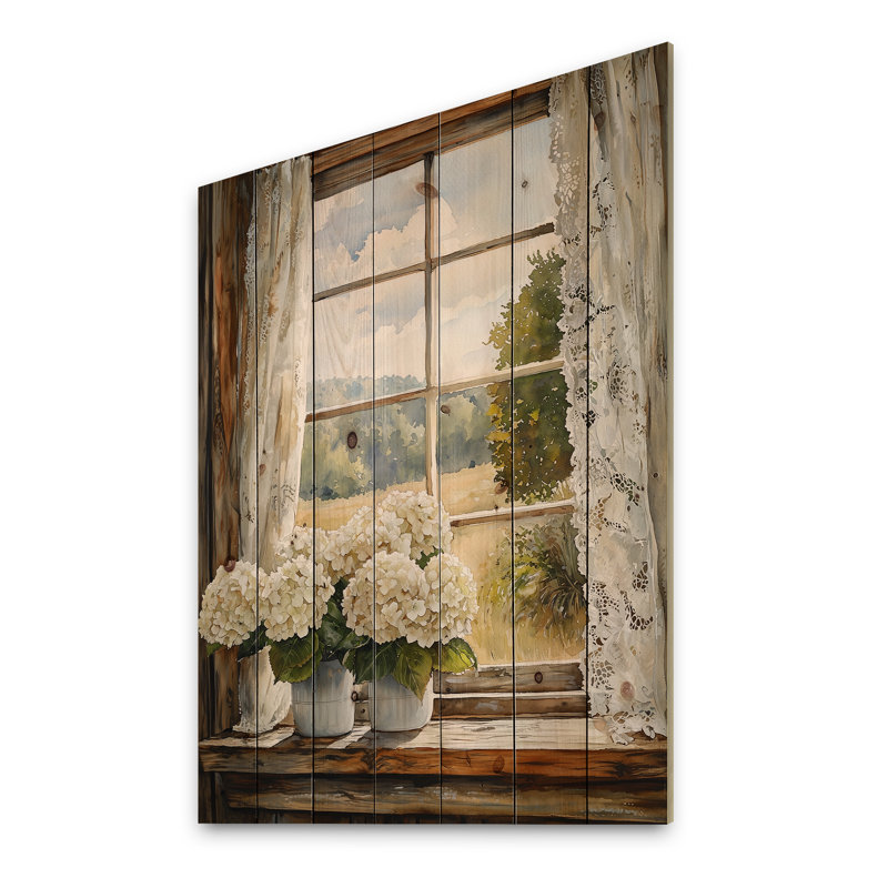 Farmhouse Hydrangeas And Lace Curtains I - Hydrangea Wood Wall Art - On Natural Pine Wood, 32" H x 24" W x 0.78" D