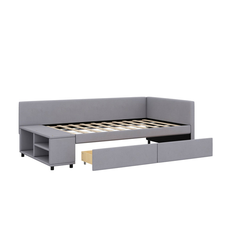 Lit plateforme simple tapissier en forme de L avec tiroirs, Gris