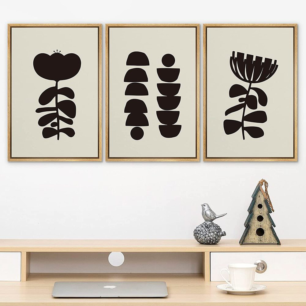 SIGNLEADER Framed Canvas Print Wall Art Set Duotone Dark Geometric Minimal Plant Collage Abstract Shapes Illustrations Modern Art Boho Decorative For Living Room, Bedroom, Office - 16"X24"X3 NATURAL SIGNLEADER