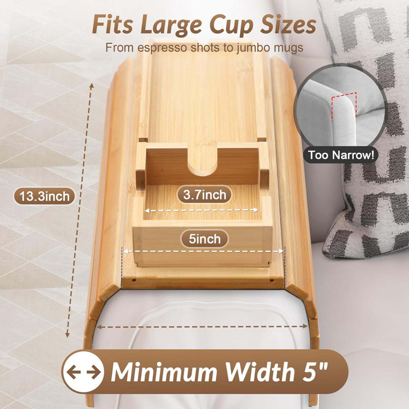 Bamboo Couch Armrest Table, Couch Arm Tray With Removable Couch Cup Holder, 2 In 1 Design Foldable Anti-Slip Bamboo Sofa Arm Tray For Remote Controls, Phones, Cups And Snacks