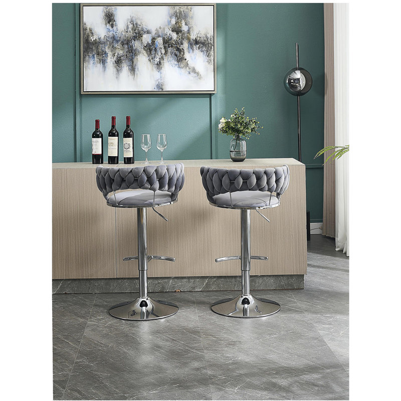Ensemble de tabourets de bar 2 pièces, avec repose-pieds chromé et base pivotante avec mécanisme de réglage de la hauteur en velours et pieds chromés - tabouret de bar simple - gris