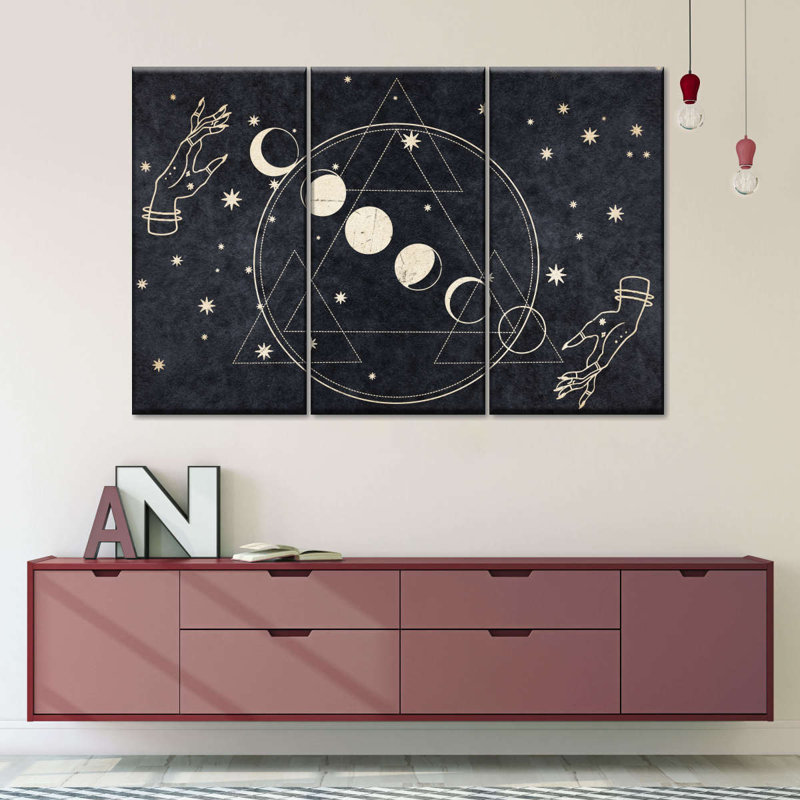 «New Age Bohemian Moon Cycle on Canvas», reproduction de 3 pièces, H 48 po x l 74 po x P 1,25 po