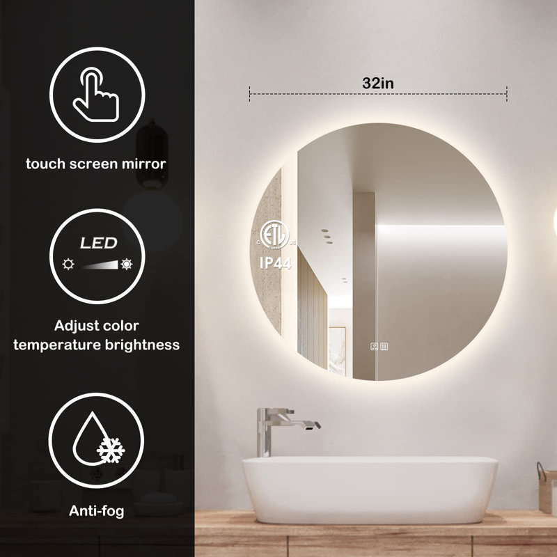 Miroir de salle de bain rond Naliyah, 32 po x 32 po