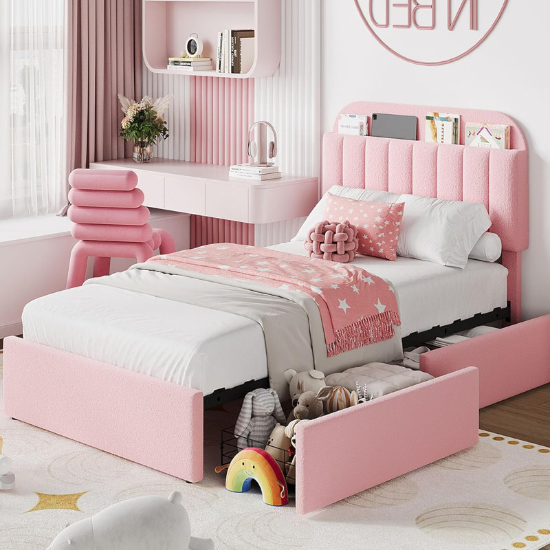 Twin XL Bed Frame For Kids, Boucle Upholstered Platform Bed With 2 Flexible Drawers, Bookcase Headboard, Noise-Free, Easy Assembly, No Box Spring Needed
