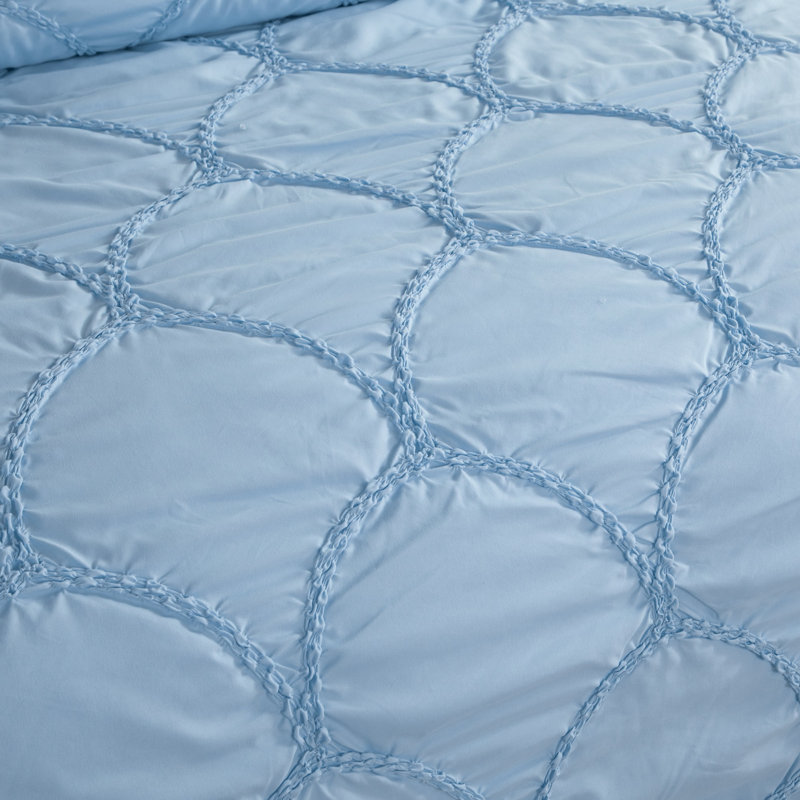 Scallop Embroidered Microfiber Comforter Set, Elastic Quilting, Oversized & Soft, Blue, Queen 3pcs Set, Blue