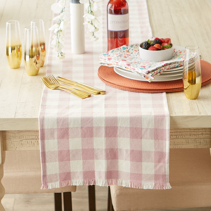 PALE MAUVE HEAVYWEIGHT CHECK FRINGED TABLE RUNNER 14X72, 108" L x 14" W, Pale Mauve