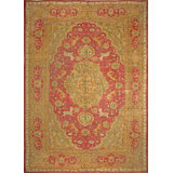Large Room Size Antique Animal Design Red and Green Color Turkish Oushak Rug