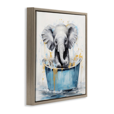 Bathing Baby Elephant Brown Framed Floater Canvas Wall Art by Lazar Studio