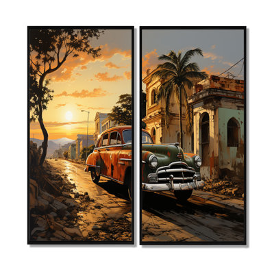 «Cuba Havana Sunset», ensemble de 2 reproductions d'art murales jaunes