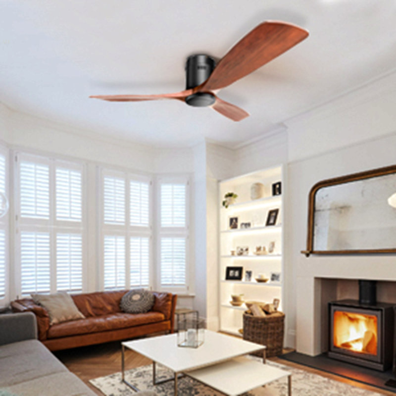 52 Inch Flush Mount Ceiling Fan DC 3 Wood Fan Blade Noiseless Reversible Motor Smart Remote Control Without Light, Black