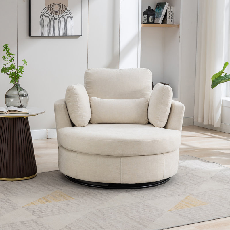 Achorn 42" W Recessed Arm Slipcovered Swivel Barrel Chair, Beige Chenille