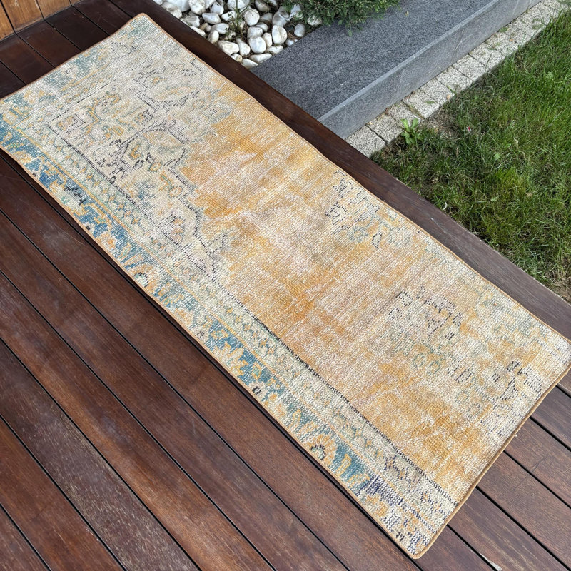 Hand-Knotted Turkish Wool Rug in Vintage Style Ideal for Small Spaces and Door Mat with Brown Tones
