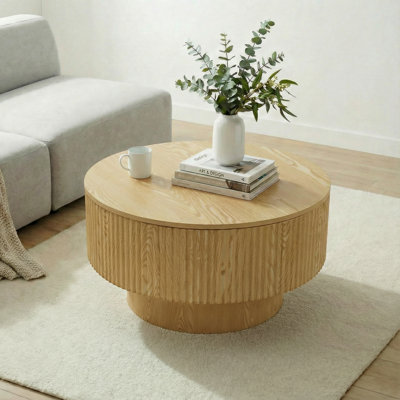 29.5" Modern Round Mdf Coffee Table With Vertical Stripe Design And Hidden Storage