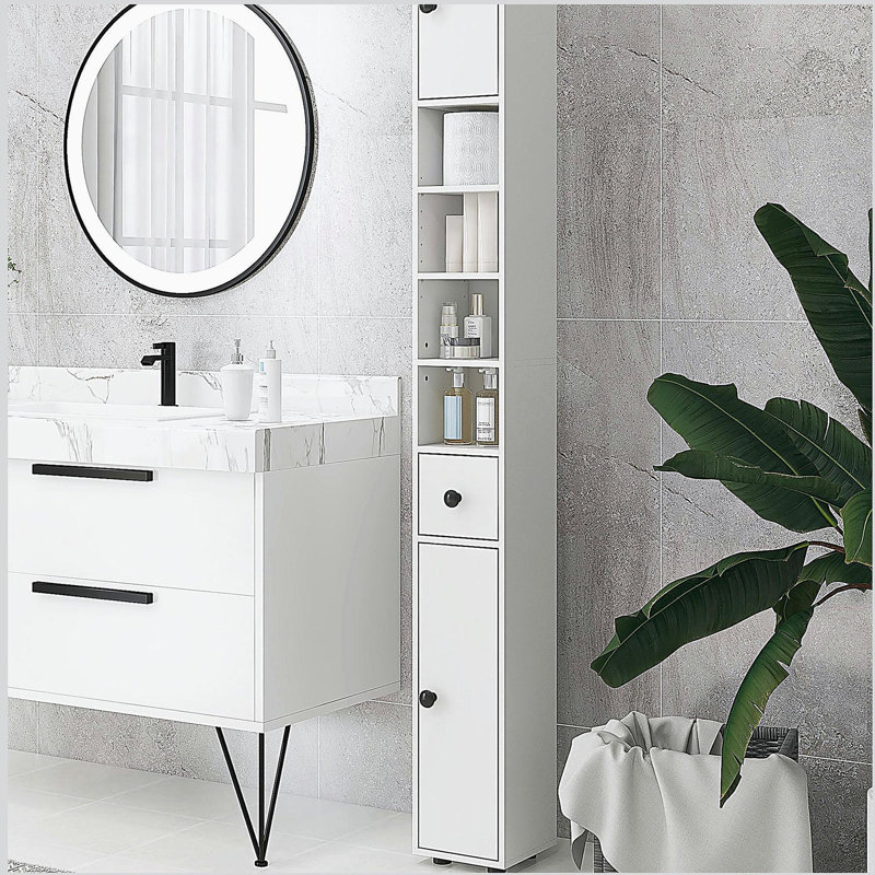 71" Tall Bathroom Storage Cabinet, Narrow Toilet Paper Cabinet with Open Shelves, 2 Door Cabinets, Adjustable Shelves for Kitchen, Hallway, Living Room, White