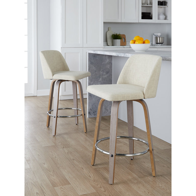 Thea 24" Fixed-Height Counter Stools with Bent Wood Legs & Round Footrest, Counter Stool (24" Seat Height), Natural/Chrome