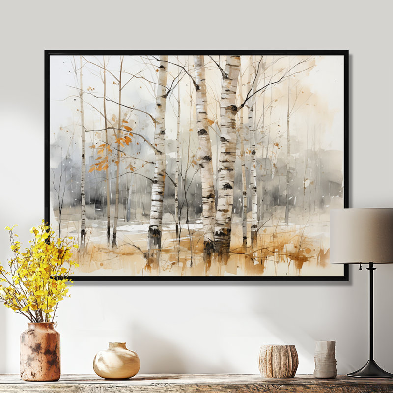 «Winter Birch Wood Forest I - Tree Birch», art mural, H 16 po x l 32 po x P 1 po, Cadre flottant noir