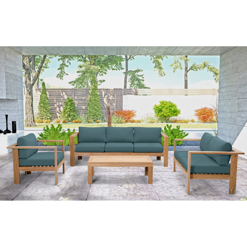 Ando 4 Piece Teak Sofa Seating Group with Sunbrella Cushions, 4 Pcs: Table, Sofa, Loveseat, Chair, Cast Silver Sunbrella®