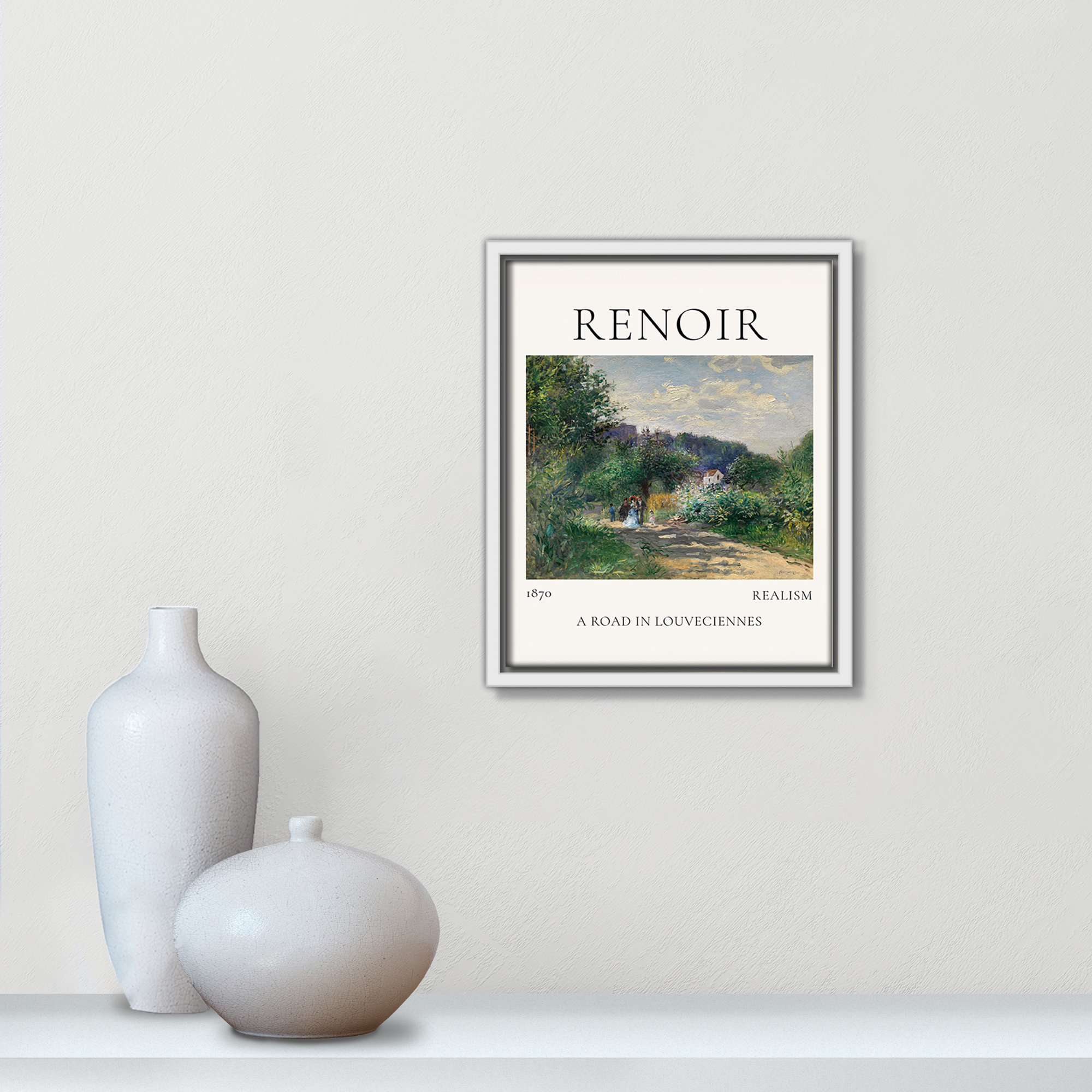 Old Masters Collection " A Road In Louveciennes " by Auguste Renoir, No, 11.5" H x 9.5" W x 2" D, White Floater Frame