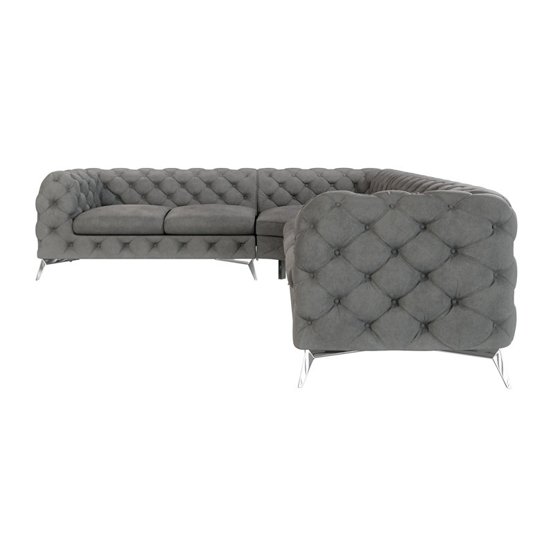 Chesterfield Corner Sofa L-Shape Bixby with Silver Metal Legs, Grey, Right Hand Facing