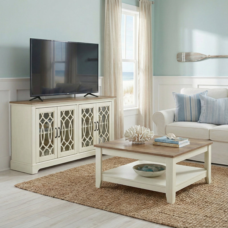 Weddel Basilico Modern 2 Piece Living Room Media And Coffee Table Set, Ivory, Knotty Oak