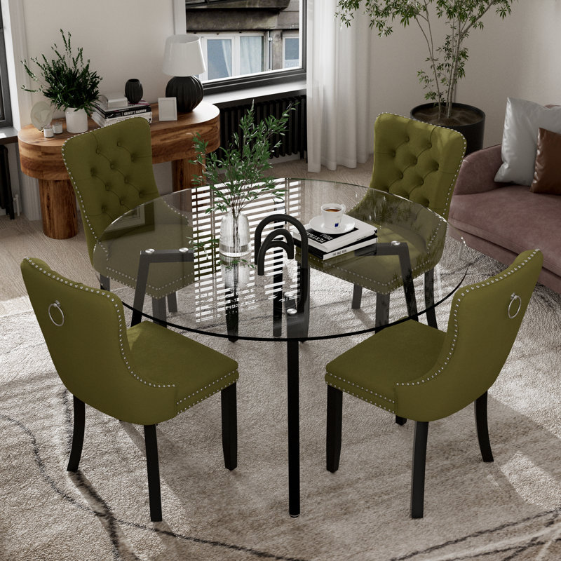 Ensemble de salle à manger rond avec chaises capitonnées, Vert olive