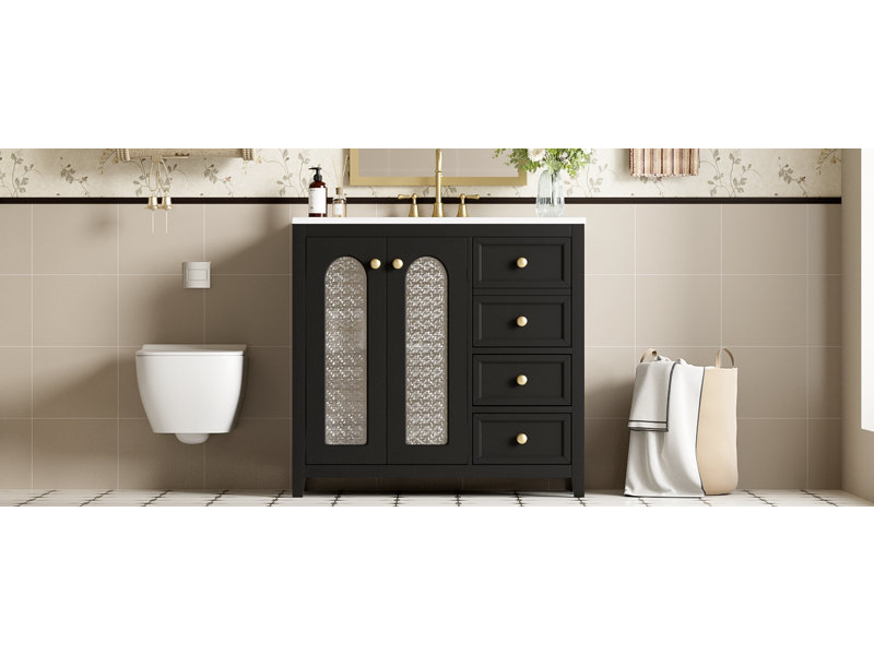 Meuble-lavabo de 36 pouces avec deux portes à fermeture douce, des tablettes réglables et trois tiroirs, Noir