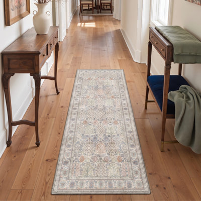 Vintage Botanical Floral Ivory Blue Runner Rug, Machine Washable Distressed Non-Slip Hallway Rug