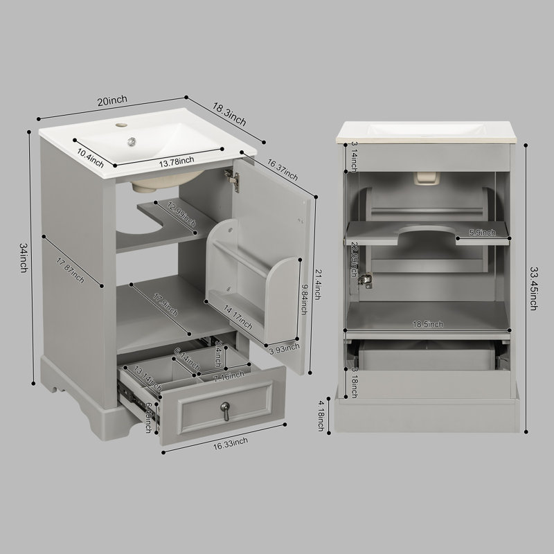 Meuble-lavabo de 20 po avec lavabo en céramique, porte à fermeture en douceur, tablette ajustable en forme de U, Gris/argent