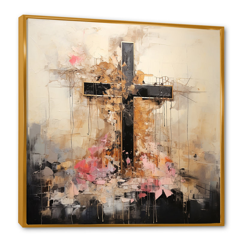 Minimalisme floral, croix religieuse, Cadre flottant doré, H 36 po x l 36 po x P 1,5 po