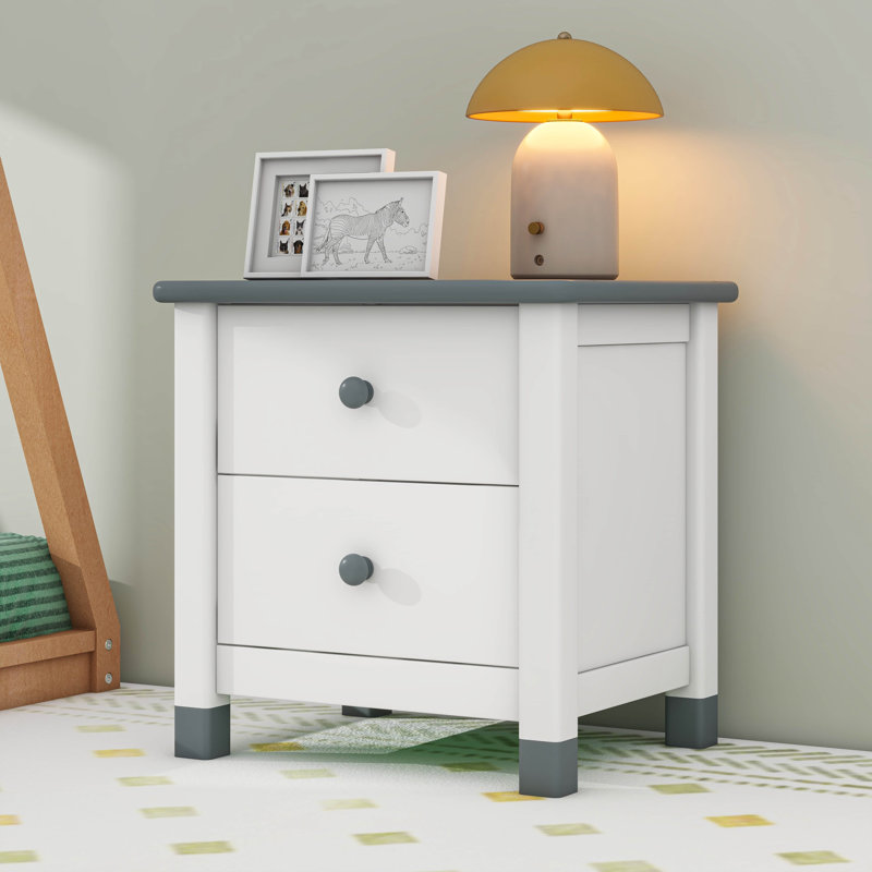 Stylish Wooden Nightstand With Two Drawers For Kids, Functional End Table, White/Grey