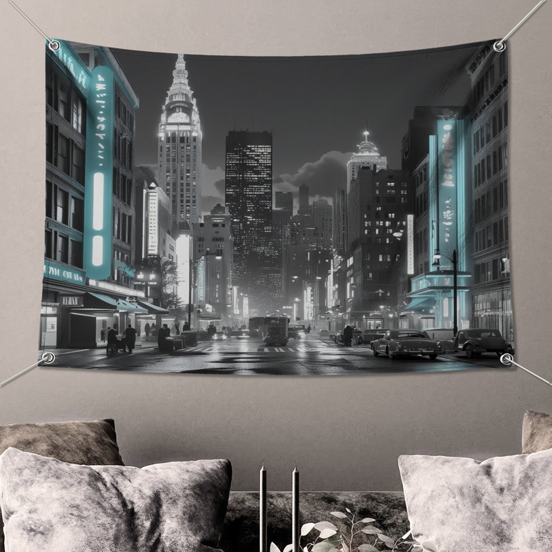 Tapisserie murale Cityscape Neon Lights, 104 po H x 88 po avec 4 œillets