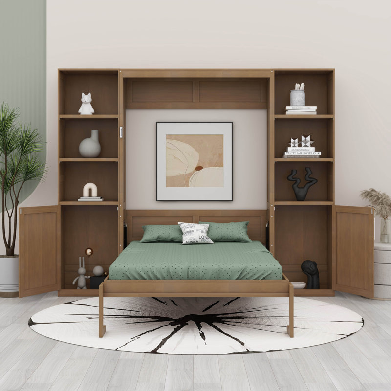 Grand lit escamotable en bois massif avec tablettes et armoires de rangement intégrées - un essentiel pour économiser de l'espace