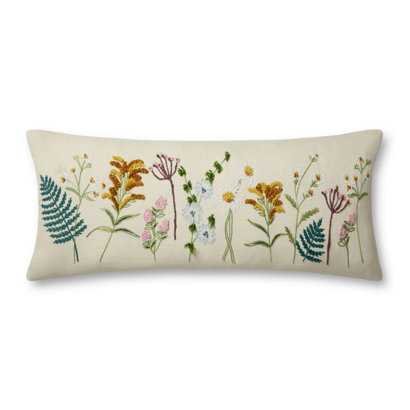 Cream Embroidered Lumbar Pillow with Colorful Botanicals