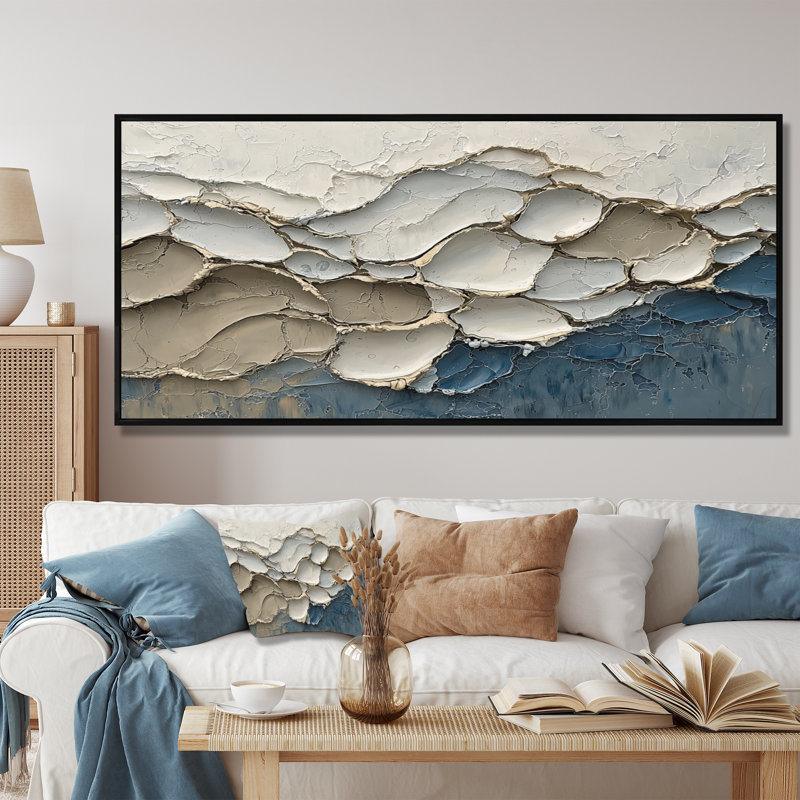 «Abstract Collages Coastal Waves Flow I», art mural abstrait, H 28 po x l 60 po, Cadre flottant, Noir