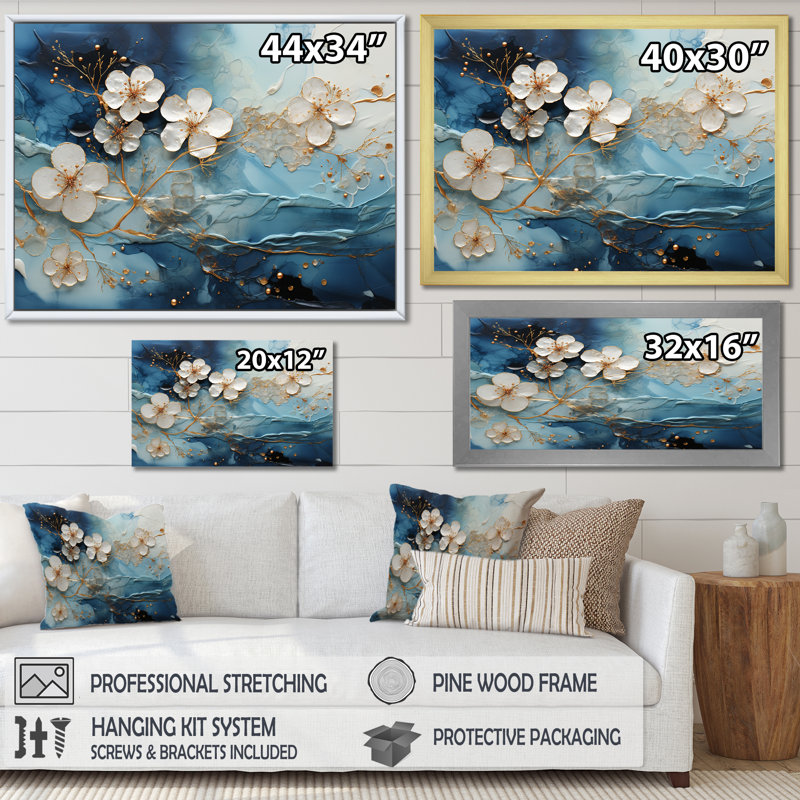 Encre liquide blanche et bleue II - Fleurs, art mural, Cadre doré à coins fermés, H 24 po x l 32 po x P 1 po