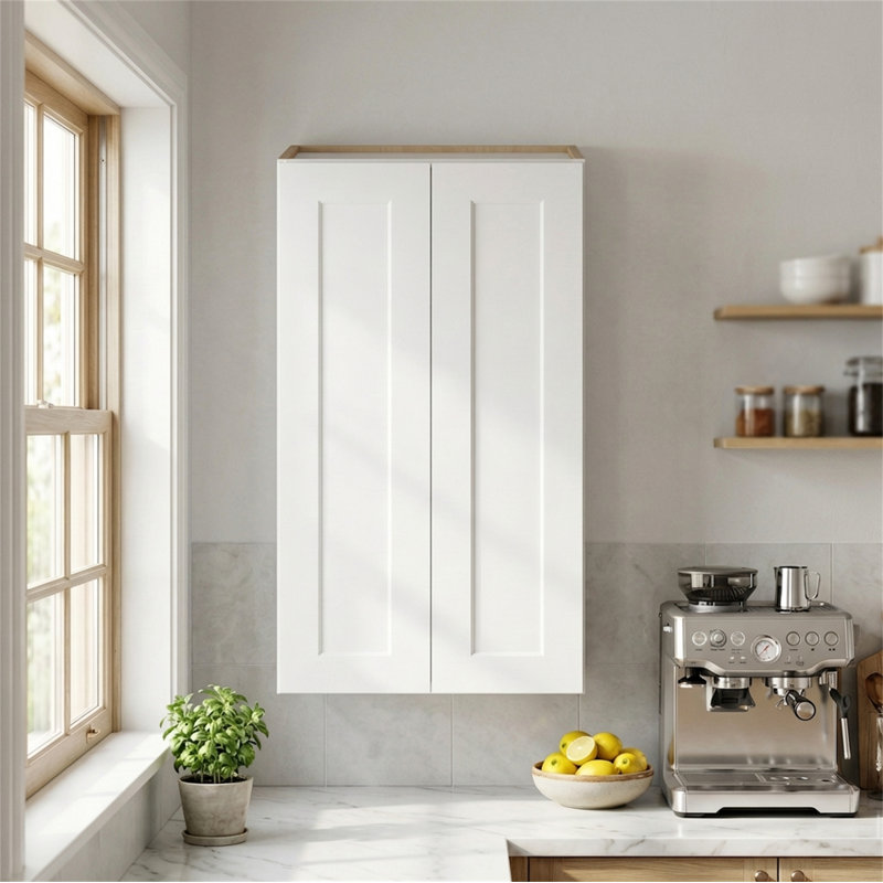 Armoire murale blanche en bois massif à double porte 24 po avec charnières à fermeture en douceur et tablettes réglables