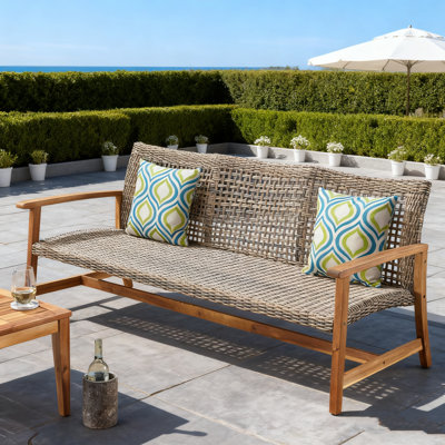 Weather-resistant Acacia Wood Wicker Sofa - 3-person Outdoor Seating With Iron Accents, Natural+grey Finish For Backyard/deck