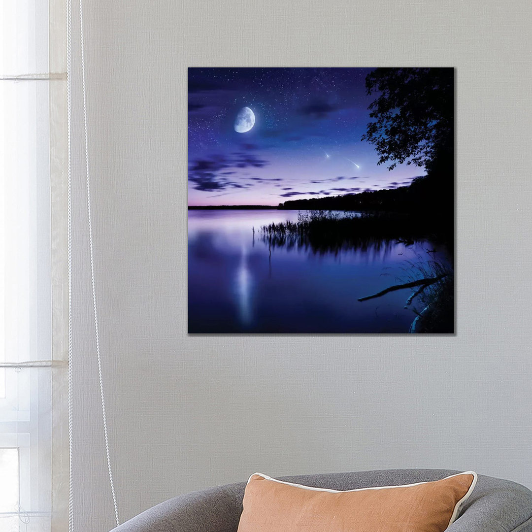 Tranquil Lake Against Starry Sky, Moon And Falling Meteorites, Russia by Evgeny Kuklev - Wrapped Canvas Gallery-Wrapped Canvas Giclée