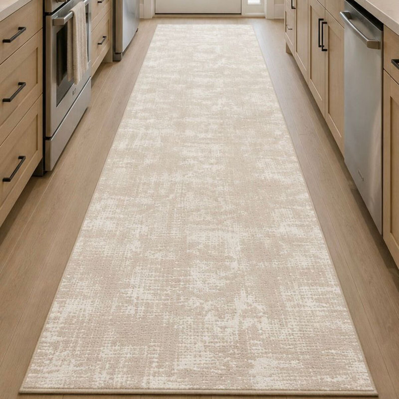 Tapis Duzce beige à rayures, motif moderne, lavable à la machine, antidérapant, pour salon et couloir.