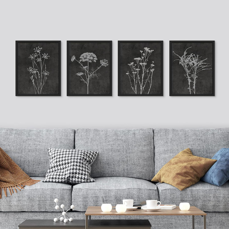 Wildflower Floral Botanical, reproduction encadrée de 4 pièces, Cadre noir, H 14 po x l 11 po x P 1 po