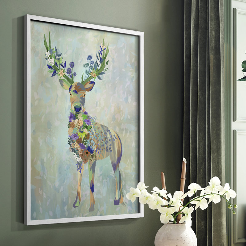 Fantastic Florals Deer, reproduction encadrée complète - bois massif, Blanc, H 14 po x l 11 po