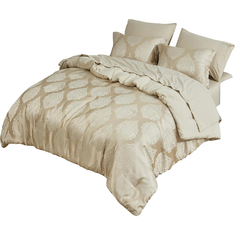 Juliette 7-Piece Bed in a Bag Medallion Jacquard Comforter Set with Sheets, Gold, King Comforter + 2 King Shams