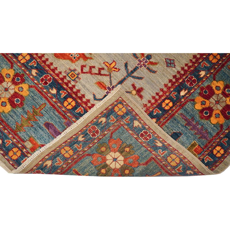 Tapis gris / rouge / jaune noué à la main de haute qualité